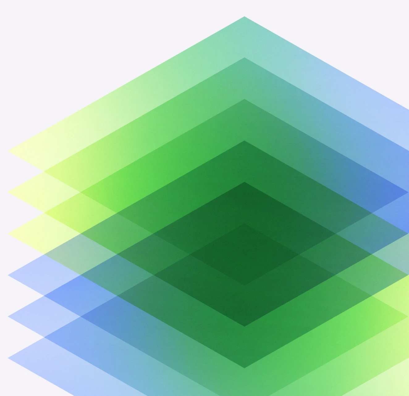 Key visual: stacked translucent diamond planes in green and blue
