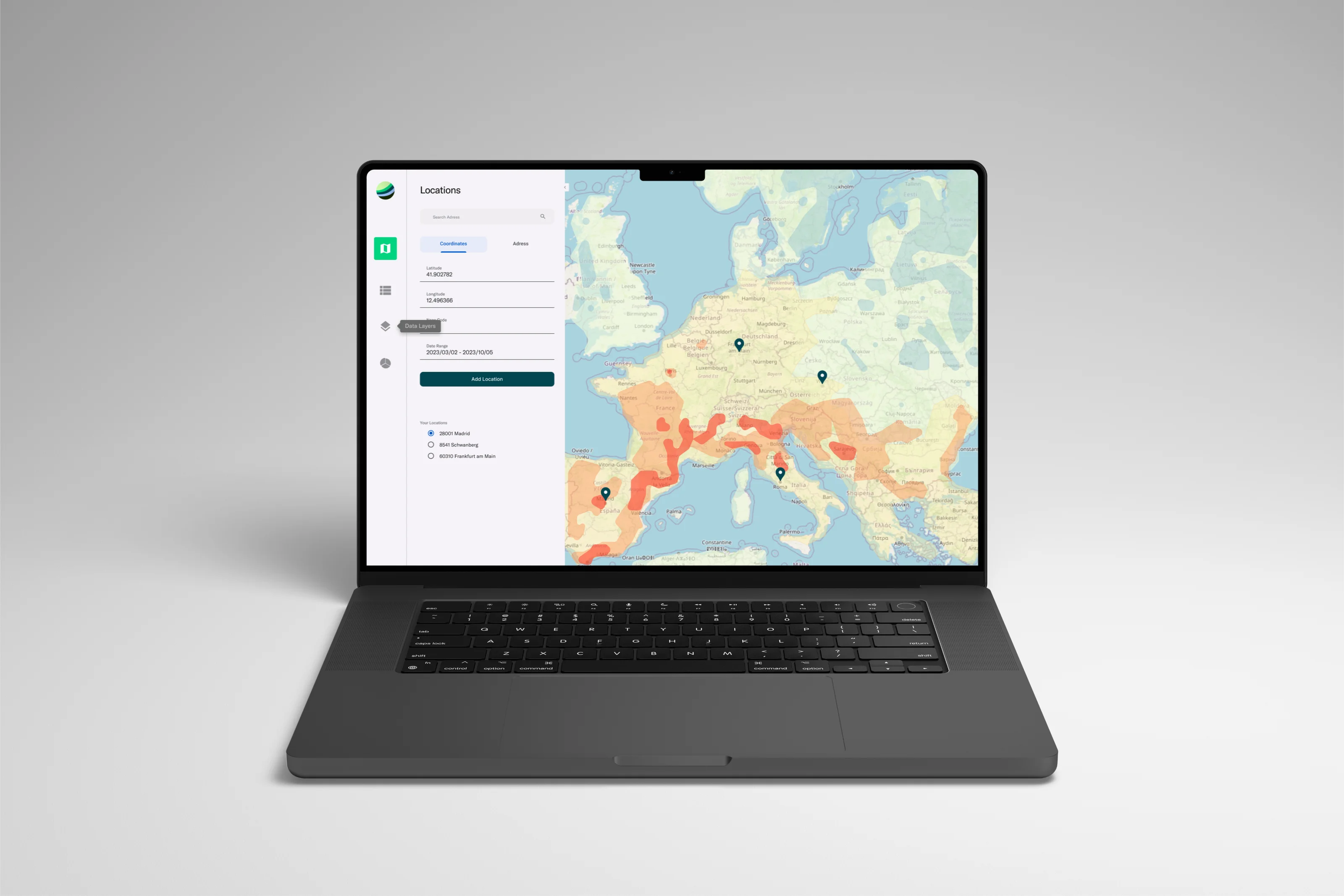 refinq open on a MacBook: the Locations panel beside the risk map of Europe, standing on a pale green ground